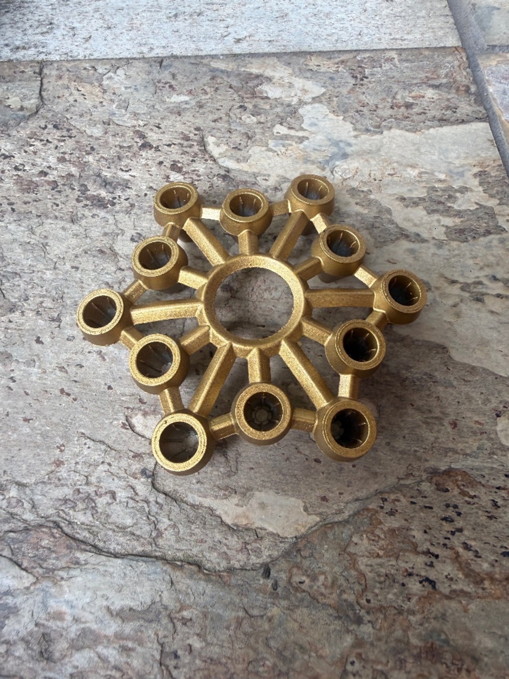 VTG Gold Tone Cast Iron Tapered Candle Holder Atomic Spider Style MCM Starburst.